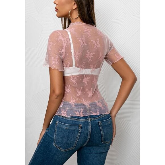 🆕Women's Pink Mesh Sheer Long Sleeve Mock Neck Sexy Lace Floral Blouse Top - Picture 5 of 6